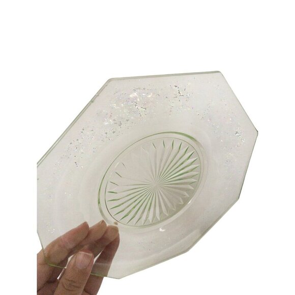 Vintage Uranium Glass Octagonal Plates Set Of 5 With Sunburst Design - Picture 3 of 7
